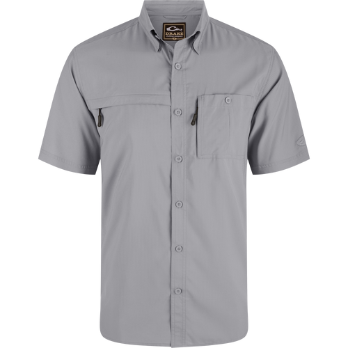 8-Shot Flyweight Shirt with vented cape back, hidden button-down collar, and zippered chest pockets, designed for hunting with moisture-wicking, quick-drying fabric.