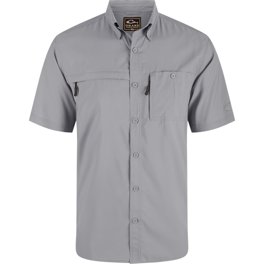 8-Shot Flyweight Shirt with vented cape back, hidden button-down collar, and zippered chest pockets, designed for hunting with moisture-wicking, quick-drying fabric.