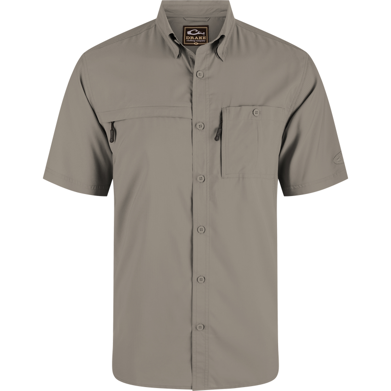 8-Shot Flyweight Shirt with hidden zippers, vented cape back, and button-down collar. Ideal for hunting with moisture-wicking, UPF 30 protection, and lightweight fabric.