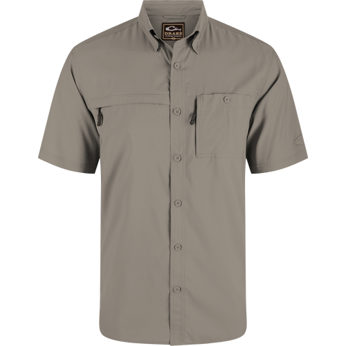 8-Shot Flyweight Shirt with hidden zippers, vented cape back, and button-down collar. Ideal for hunting with moisture-wicking, UPF 30 protection, and lightweight fabric.