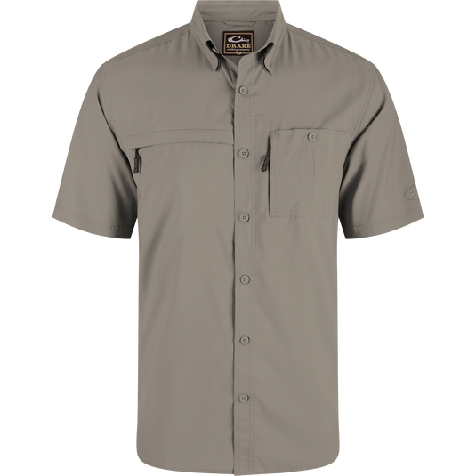 8-Shot Flyweight Shirt with hidden zippers, vented cape back, and button-down collar. Ideal for hunting with moisture-wicking, UPF 30 protection, and lightweight fabric.