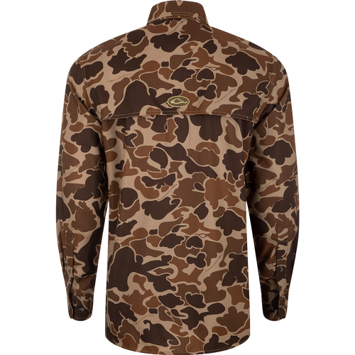 Back view of Mississippi State 8-Shot Long Sleeve Shirt, featuring brown camouflage pattern, vented cape back, and lightweight, quick-drying fabric ideal for hunting activities.