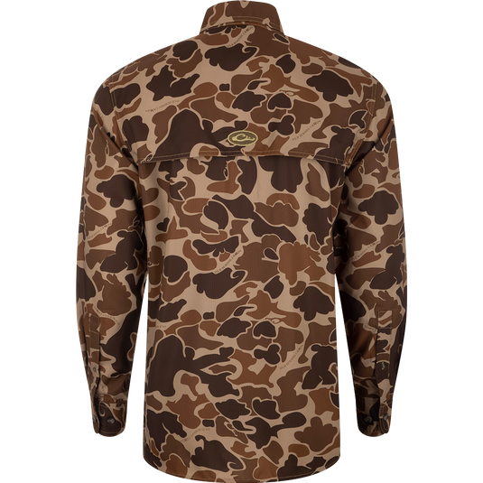 Back view of Mississippi State 8-Shot Long Sleeve Shirt, featuring brown camouflage pattern, vented cape back, and lightweight, quick-drying fabric ideal for hunting activities.