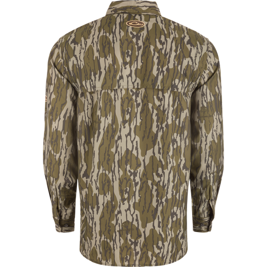 Ole Miss 8-Shot Long Sleeve Shirt in woodland camo pattern, featuring button cuffs, yoke seam, and vented cape back, ideal for hunting or outdoor activities.