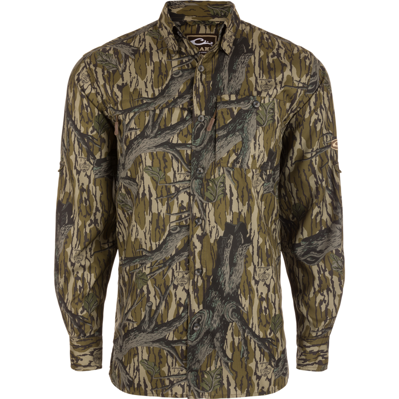 Long-Sleeved Flyweight Camo Hunting Shirt with vented cape back, hidden zippers, and adjustable sleeves, ideal for moisture-wicking and sun protection during hunting activities.