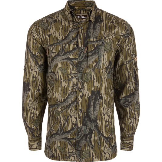 Long-Sleeved Flyweight Camo Hunting Shirt with vented cape back, hidden zippers, and adjustable sleeves, ideal for moisture-wicking and sun protection during hunting activities.
