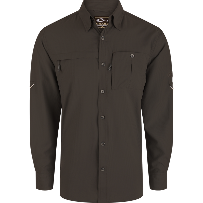Long-Sleeved Flyweight Camo Hunting Shirt with vented cape back, adjustable roll-up sleeves, chest pockets, and split tail hem, designed for comfort and functionality.