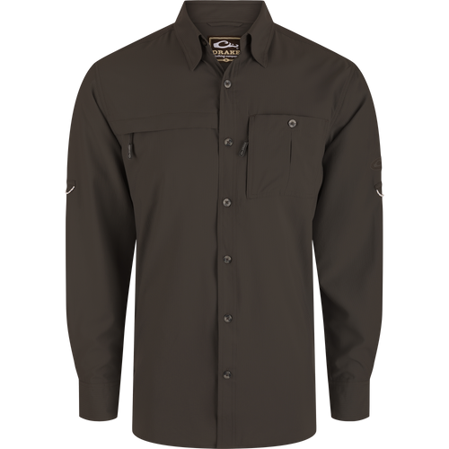 Long-Sleeved Flyweight Camo Hunting Shirt with vented cape back, adjustable roll-up sleeves, chest pockets, and split tail hem, designed for comfort and functionality.