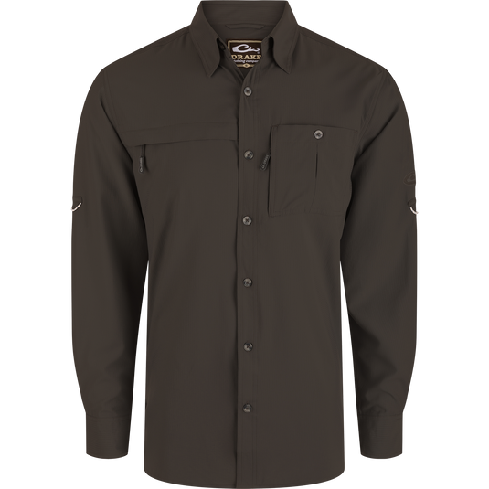 Long-Sleeved Flyweight Camo Hunting Shirt with vented cape back, adjustable roll-up sleeves, chest pockets, and split tail hem, designed for comfort and functionality.