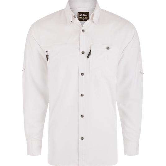 Long-Sleeved Flyweight Camo Hunting Shirt with vented cape back, hidden collar, dual chest pockets, and adjustable sleeves, ideal for versatile hunting and outdoor activities.