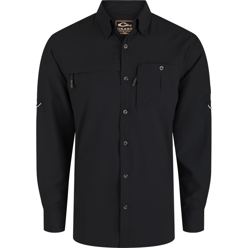 Long-Sleeved Flyweight Camo Hunting Shirt with Old School Camo pattern, featuring vented cape back, hidden zippers, adjustable sleeves, and moisture-wicking, quick-drying fabric.