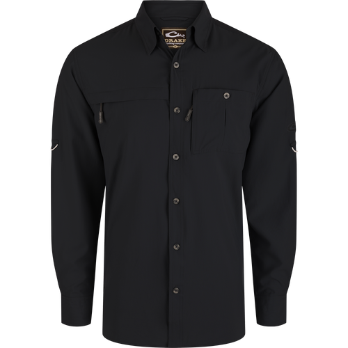 Long-Sleeved Flyweight Camo Hunting Shirt with Old School Camo pattern, featuring vented cape back, hidden zippers, adjustable sleeves, and moisture-wicking, quick-drying fabric.