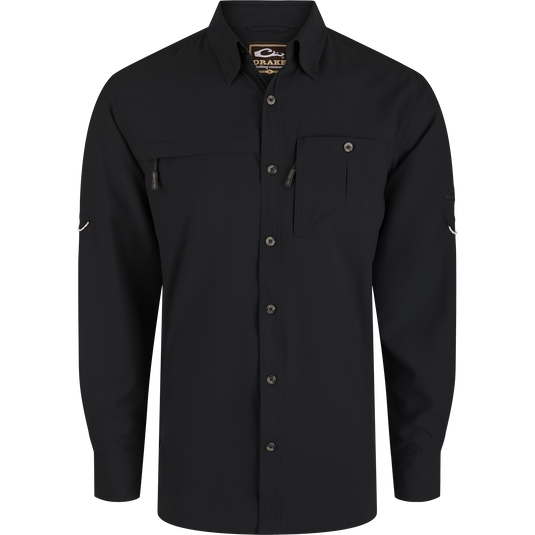 Long-Sleeved Flyweight Camo Hunting Shirt with Old School Camo pattern, featuring vented cape back, hidden zippers, adjustable sleeves, and moisture-wicking, quick-drying fabric.