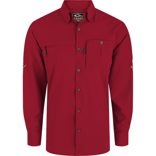 Long-Sleeved Flyweight Camo Hunting Shirt with vented cape back, hidden zippers, and adjustable sleeves, designed for optimal mobility and moisture wicking during hunting.