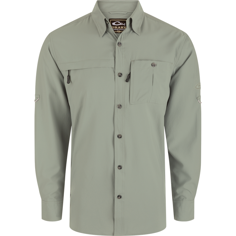 Long-Sleeved Flyweight Camo Hunting Shirt with classic fit, vented cape back, chest pockets, and adjustable sleeves for versatile hunting apparel.