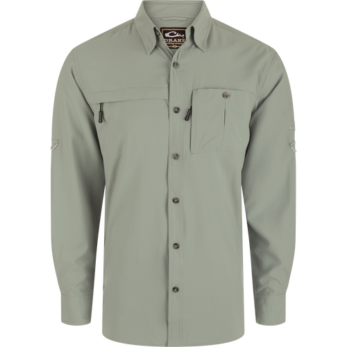 Long-Sleeved Flyweight Camo Hunting Shirt with classic fit, vented cape back, chest pockets, and adjustable sleeves for versatile hunting apparel.