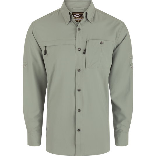 Long-Sleeved Flyweight Camo Hunting Shirt with classic fit, vented cape back, chest pockets, and adjustable sleeves for versatile hunting apparel.