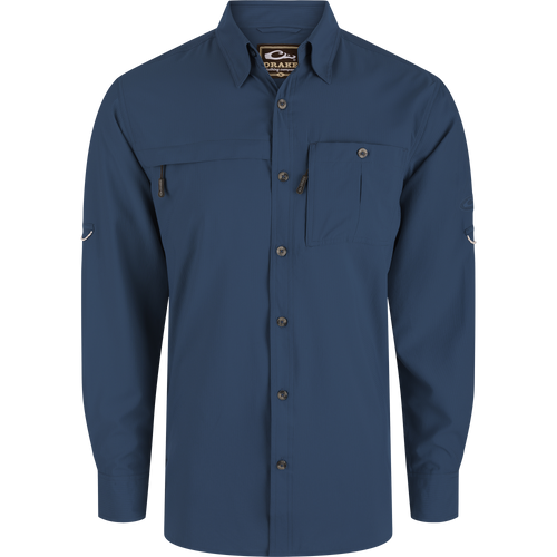 Long-Sleeved Flyweight Camo Hunting Shirt with vented cape back, hidden zip pockets, and adjustable sleeves, ideal for hunting with moisture-wicking and UPF 30 protection features.