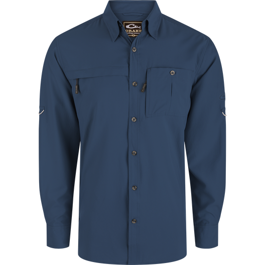 Long-Sleeved Flyweight Camo Hunting Shirt with vented cape back, hidden zip pockets, and adjustable sleeves, ideal for hunting with moisture-wicking and UPF 30 protection features.