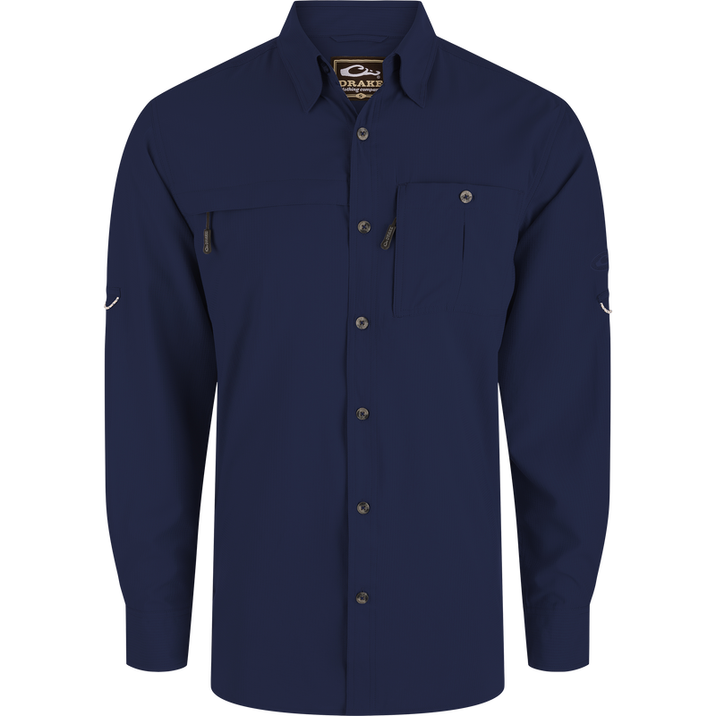 Long-Sleeved Flyweight Camo Hunting Shirt with vented back, adjustable sleeves, hidden zippers, and split tail hem, ideal for hunting with moisture-wicking and sun protection features.