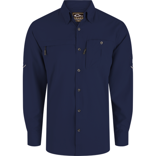 Long-Sleeved Flyweight Camo Hunting Shirt with vented back, adjustable sleeves, hidden zippers, and split tail hem, ideal for hunting with moisture-wicking and sun protection features.