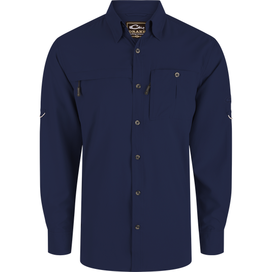 Long-Sleeved Flyweight Camo Hunting Shirt with vented back, adjustable sleeves, hidden zippers, and split tail hem, ideal for hunting with moisture-wicking and sun protection features.