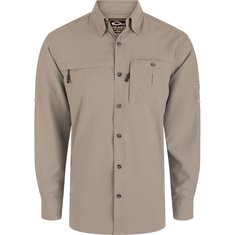Long-Sleeved Flyweight Camo Hunting Shirt with vented cape back, hidden zippers, classic fit, and adjustable sleeves, ideal for moisture management and sun protection.