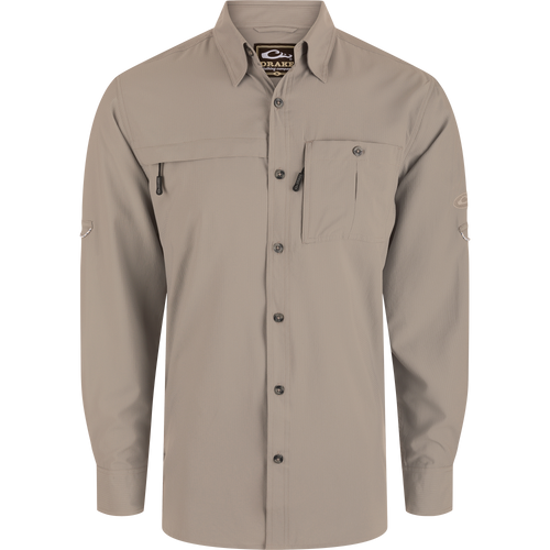 Long-Sleeved Flyweight Camo Hunting Shirt with vented cape back, hidden zippers, classic fit, and adjustable sleeves, ideal for moisture management and sun protection.