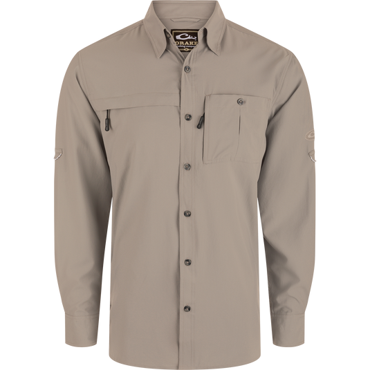 Long-Sleeved Flyweight Camo Hunting Shirt with vented cape back, hidden zippers, classic fit, and adjustable sleeves, ideal for moisture management and sun protection.