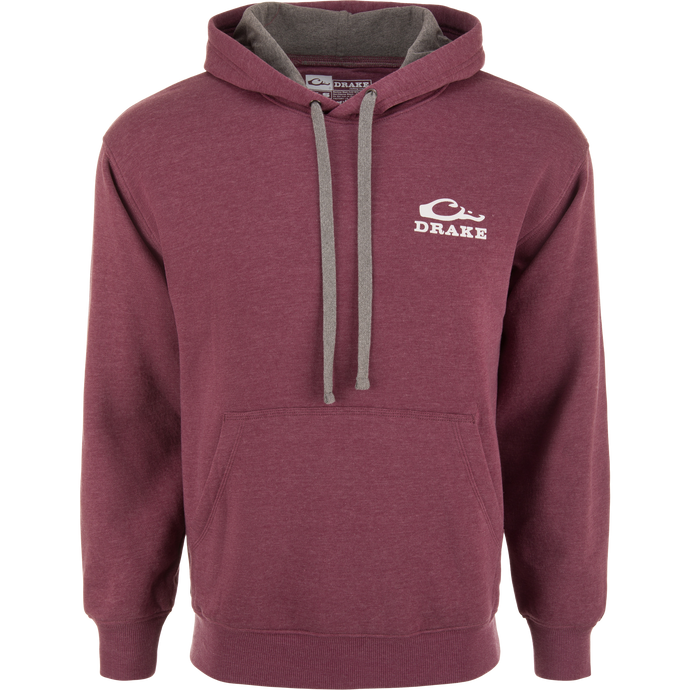 The Waterfowl Company Logo Hoodie close-up showing soft fleece fabric, logo detail, and kangaroo pocket, highlighting its comfort and durability for outdoor adventures.