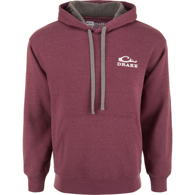 The Waterfowl Company Logo Hoodie close-up showing soft fleece fabric, logo detail, and kangaroo pocket, highlighting its comfort and durability for outdoor adventures.