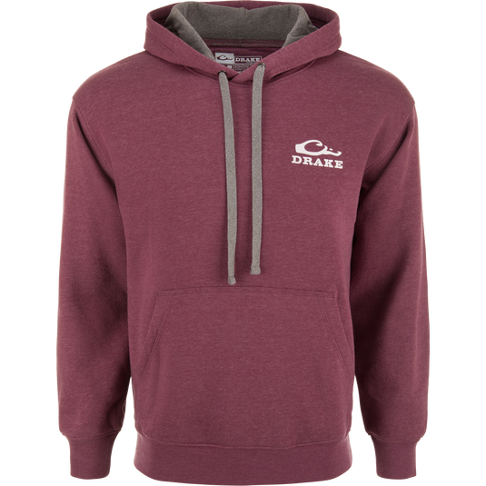 The Waterfowl Company Logo Hoodie close-up showing soft fleece fabric, logo detail, and kangaroo pocket, highlighting its comfort and durability for outdoor adventures.
