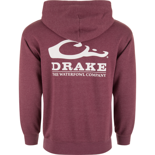 Close-up of The Waterfowl Company Logo Hoodie, highlighting the fabric's soft texture and durable stitching, featuring a reinforced kangaroo pocket and jersey-lined hood.