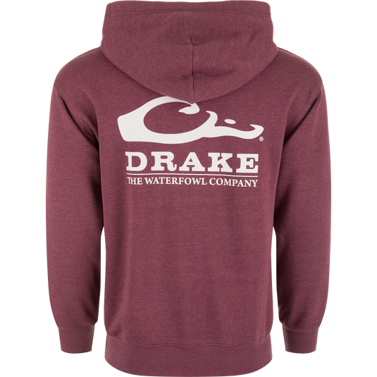 Close-up of The Waterfowl Company Logo Hoodie, highlighting the fabric's soft texture and durable stitching, featuring a reinforced kangaroo pocket and jersey-lined hood.