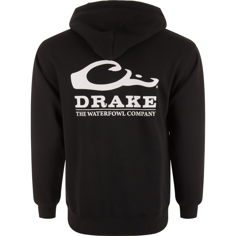 The Waterfowl Company Logo Hoodie features white text on a black design, showcasing a close-up logo, ideal for outdoor adventures with comfort and durability.