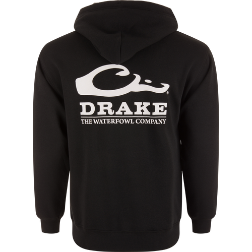 The Waterfowl Company Logo Hoodie features white text on a black design, showcasing a close-up logo, ideal for outdoor adventures with comfort and durability.