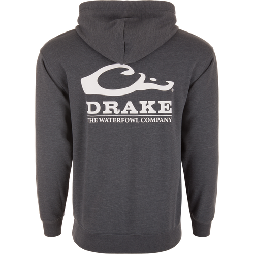 The Waterfowl Company Logo Hoodie, a grey sweatshirt with white text, features a jersey lined hood, herringbone drawcord, and reinforced kangaroo pocket, ideal for outdoor adventures.