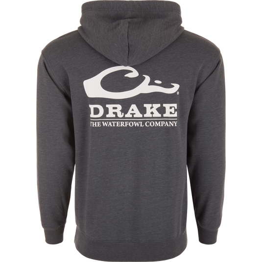 The Waterfowl Company Logo Hoodie, a grey sweatshirt with white text, features a jersey lined hood, herringbone drawcord, and reinforced kangaroo pocket, ideal for outdoor adventures.