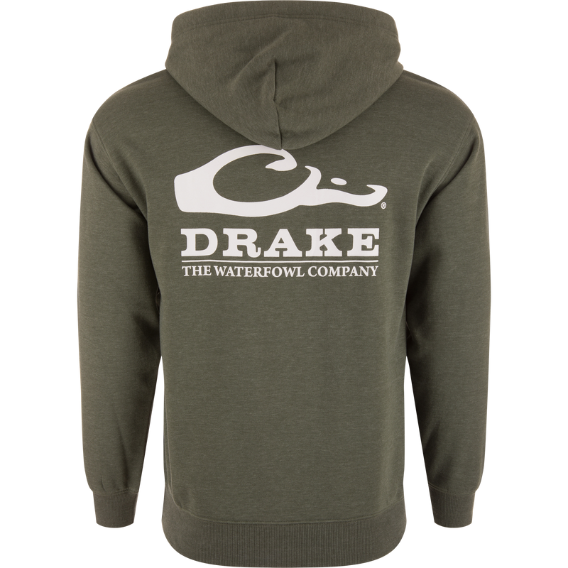 The Waterfowl Company Logo Hoodie, featuring a soft fleece blend, jersey-lined hood, herringbone drawcord, ribbed cuffs, and a reinforced kangaroo pocket for outdoor adventures.