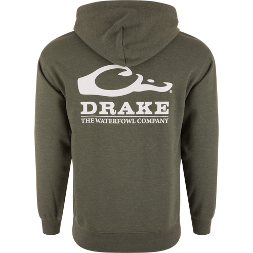 The Waterfowl Company Logo Hoodie, featuring a soft fleece blend, jersey-lined hood, herringbone drawcord, ribbed cuffs, and a reinforced kangaroo pocket for outdoor adventures.