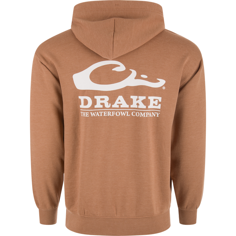 The Waterfowl Company Logo Hoodie with white text, featuring a kangaroo pocket, ribbed cuffs, and jersey lined hood, ideal for outdoor adventures.