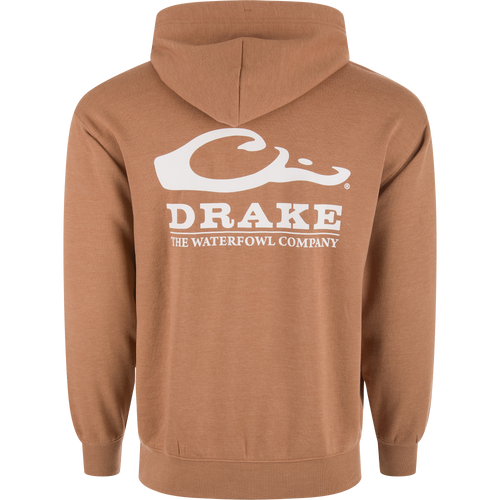 The Waterfowl Company Logo Hoodie with white text, featuring a kangaroo pocket, ribbed cuffs, and jersey lined hood, ideal for outdoor adventures.