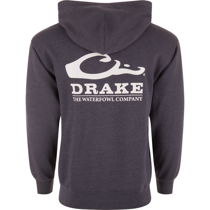 The Waterfowl Company Logo Hoodie, featuring ribbed cuffs, jersey lined hood, and kangaroo pocket, designed for durability and comfort in outdoor adventures.