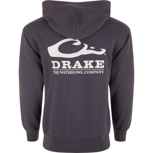 The Waterfowl Company Logo Hoodie, featuring ribbed cuffs, jersey lined hood, and kangaroo pocket, designed for durability and comfort in outdoor adventures.