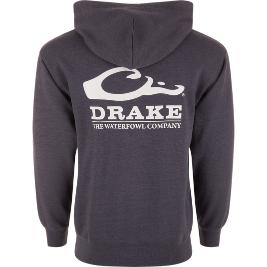 The Waterfowl Company Logo Hoodie, featuring ribbed cuffs, jersey lined hood, and kangaroo pocket, designed for durability and comfort in outdoor adventures.