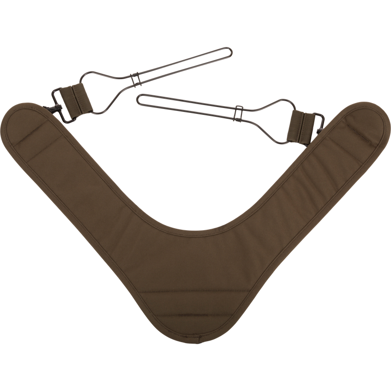 3-Way Duck Tote with padded shoulder harness, bent metal-wire support rods, adjustable attachment points, and antique brass hardware for comfortable, cross-shoulder weight distribution.