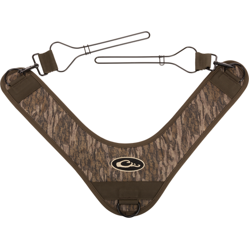 3-Way Duck Tote with Mossy Oak camo pattern features metal hooks and quick-attach clips for carrying shotguns or rifles hands-free across your chest.