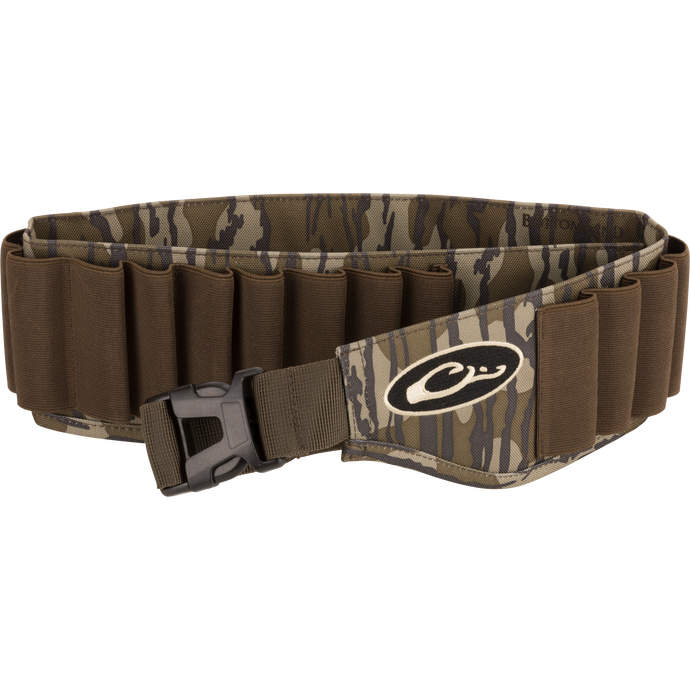 Shell Holder featuring camo-pattern with 25 elastic loops for shells, quick-release buckle, and adjustable strap up to 52, crafted from durable, water-resistant HD2™ material.