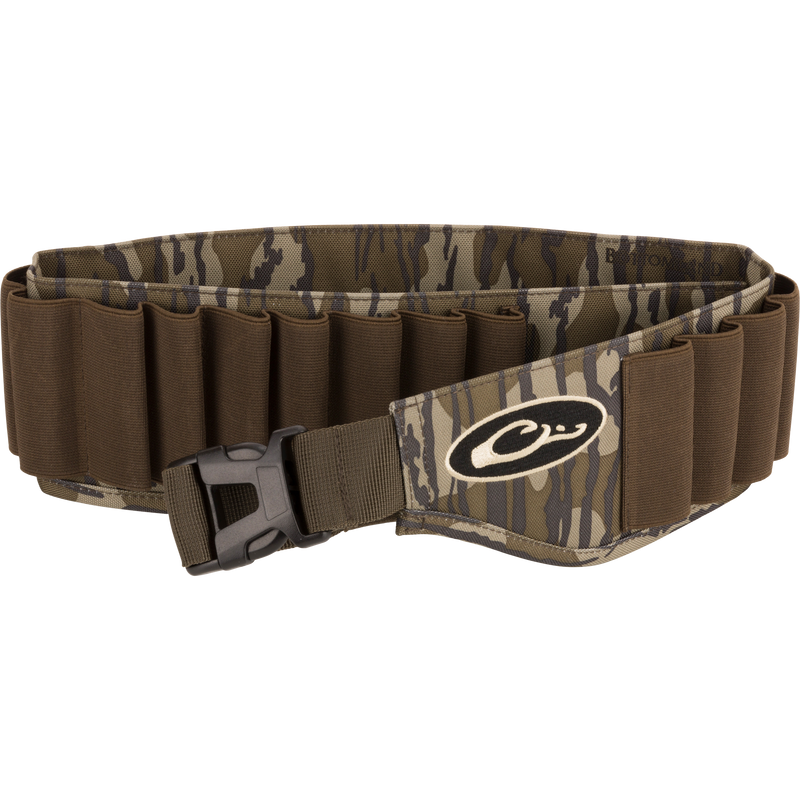 Shell Holder featuring camo-pattern with 25 elastic loops for shells, quick-release buckle, and adjustable strap up to 52, crafted from durable, water-resistant HD2™ material.