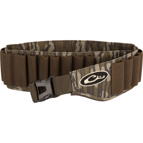 Shell Holder featuring camo-pattern with 25 elastic loops for shells, quick-release buckle, and adjustable strap up to 52, crafted from durable, water-resistant HD2™ material.